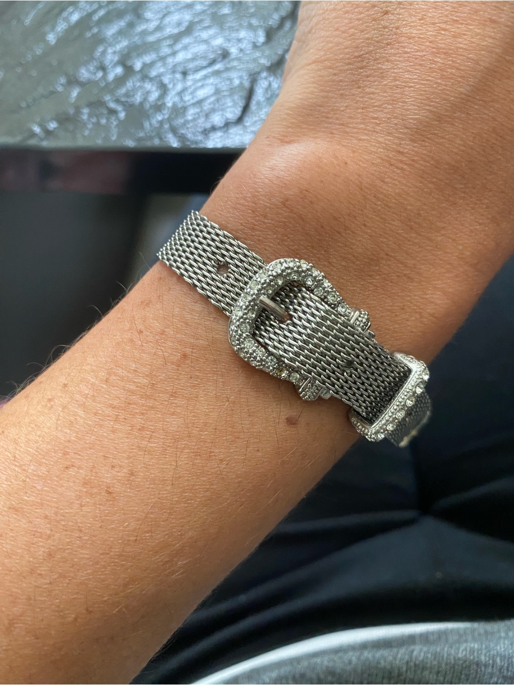 Silver Mesh Buckle Bracelet with Crystal Accents